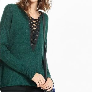Express Lace-Up Hi-Lo Sweater, Size: M, Color: Dark Forest Green